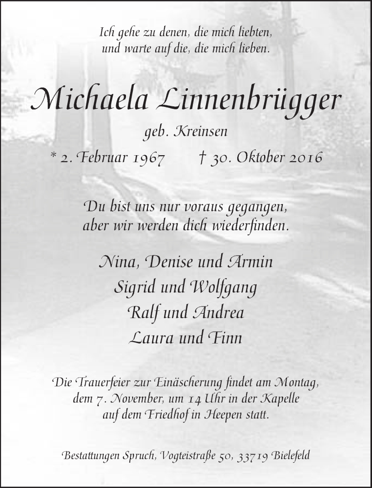  Traueranzeige für Michaela Linnenbrügger vom 03.11.2016 aus Neue Westfälische