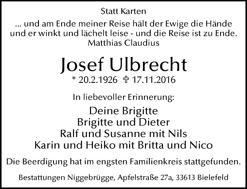  Traueranzeige für Josef Ulbrecht vom 26.11.2016 aus Neue Westfälische