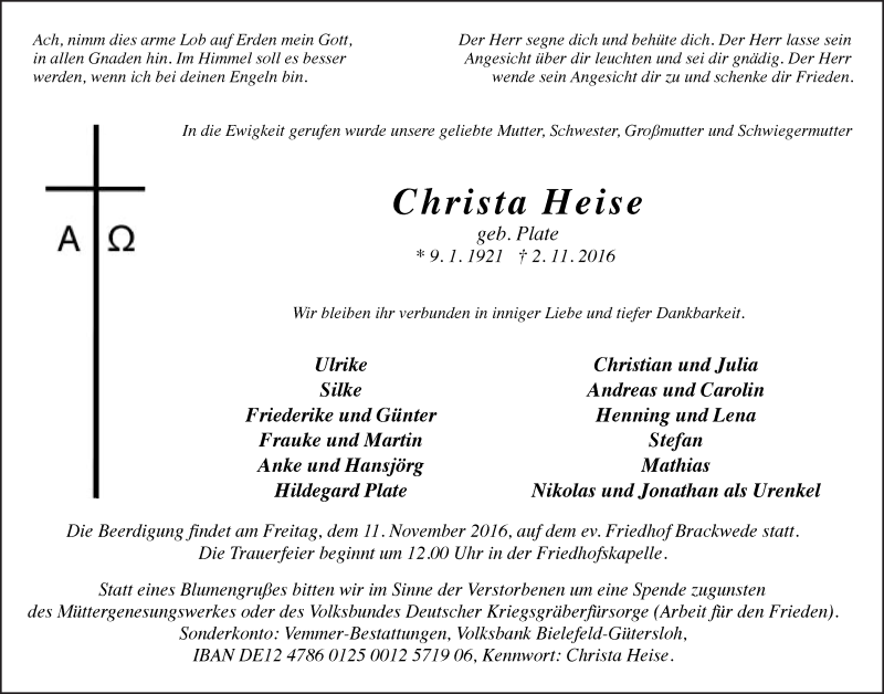  Traueranzeige für Christa Heise vom 05.11.2016 aus Neue Westfälische