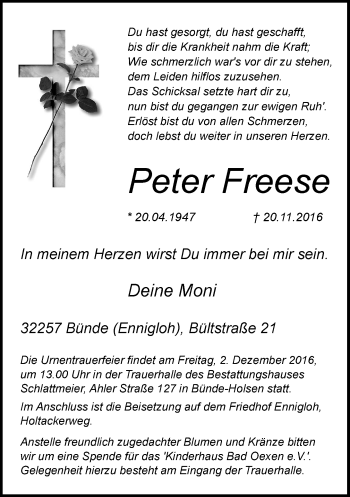 Traueranzeige von Peter Freese von Neue Westfälische