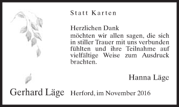 Traueranzeige von Gerhard Läge von Neue Westfälische