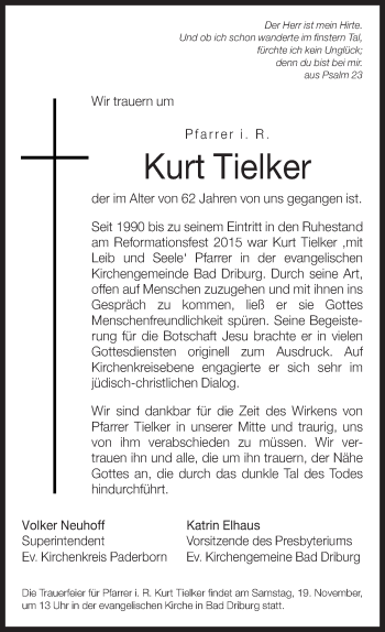 Traueranzeige von Kurt Tielker von Neue Westfälische