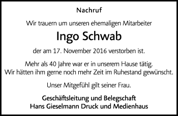 Traueranzeige von Ingo Schwab von Neue Westfälische