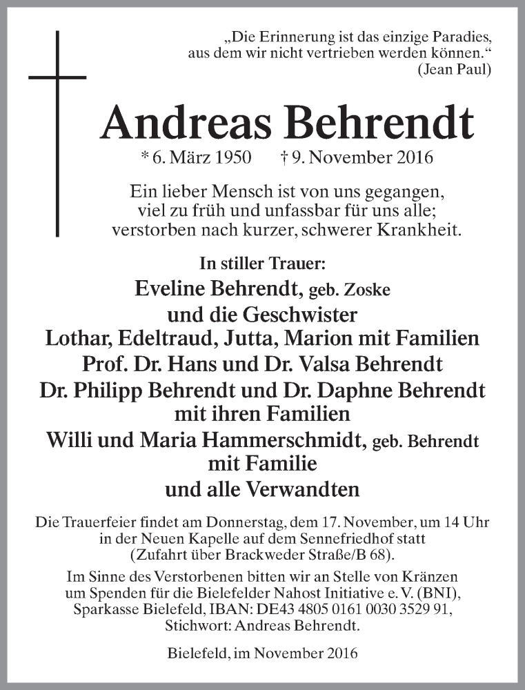  Traueranzeige für Andreas Behrendt vom 12.11.2016 aus Neue Westfälische