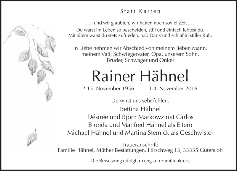 Traueranzeige für Rainer Hähnel vom 08.11.2016 aus Neue Westfälische