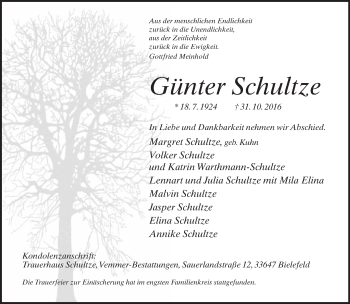 Traueranzeige von Günter Schultze von Neue Westfälische