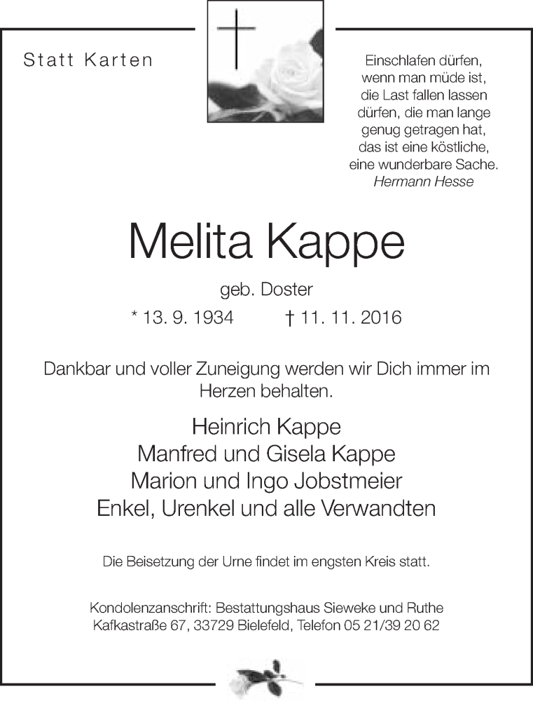  Traueranzeige für Melita Kappe vom 16.11.2016 aus Neue Westfälische