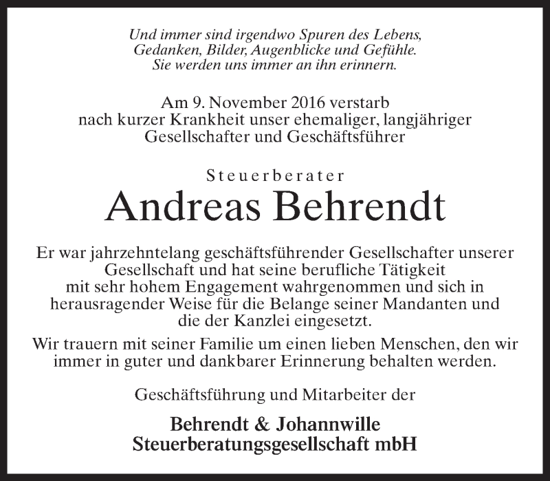  Traueranzeige für Andreas Behrendt vom 15.11.2016 aus Neue Westfälische