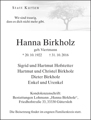 Traueranzeige von Hanna Birkholz von Neue Westfälische