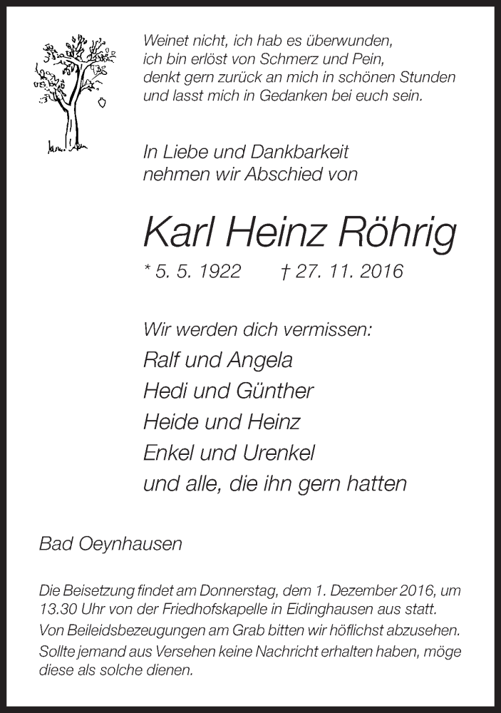  Traueranzeige für Karl Heinz Röhrig vom 29.11.2016 aus Neue Westfälische