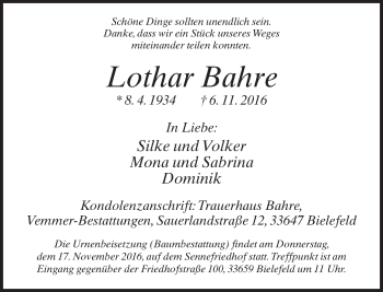 Traueranzeige von Lothar Bahre von Neue Westfälische
