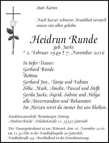 Traueranzeige von Heidrun Runde von Neue Westfälische