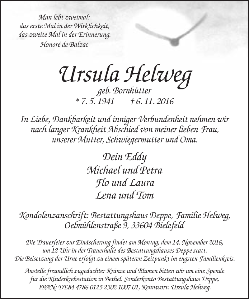  Traueranzeige für Ursula Helweg vom 10.11.2016 aus Neue Westfälische