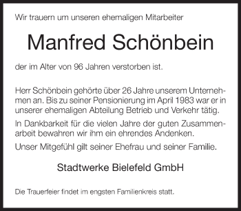 Traueranzeige von Manfred Schönbein von Neue Westfälische