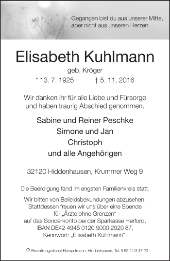 Traueranzeige von Elisabeth Kuhlmann von Neue Westfälische