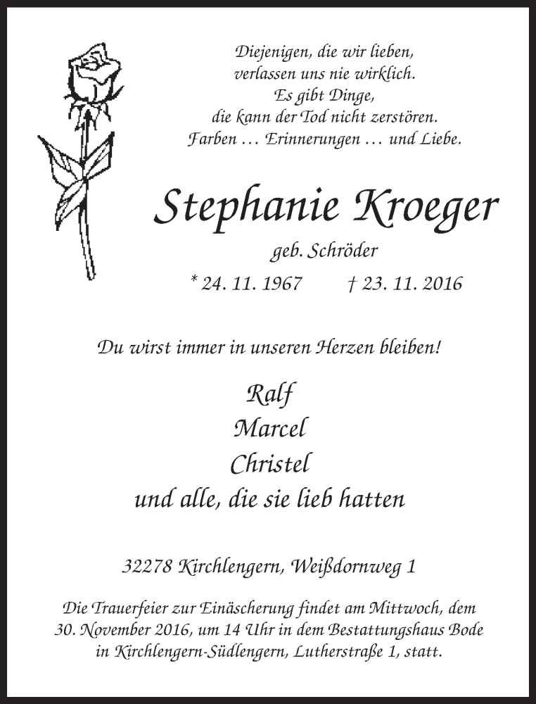  Traueranzeige für Stephanie Kroeger vom 26.11.2016 aus Neue Westfälische