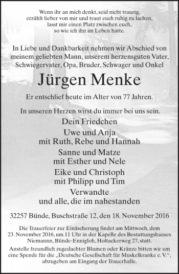 Traueranzeige von Jürgen Menke von Neue Westfälische