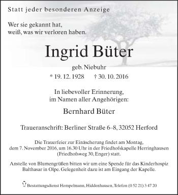 Traueranzeige von Ingrid Büter von Neue Westfälische