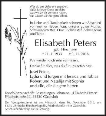 Traueranzeige von Elisabeth Peters von Neue Westfälische