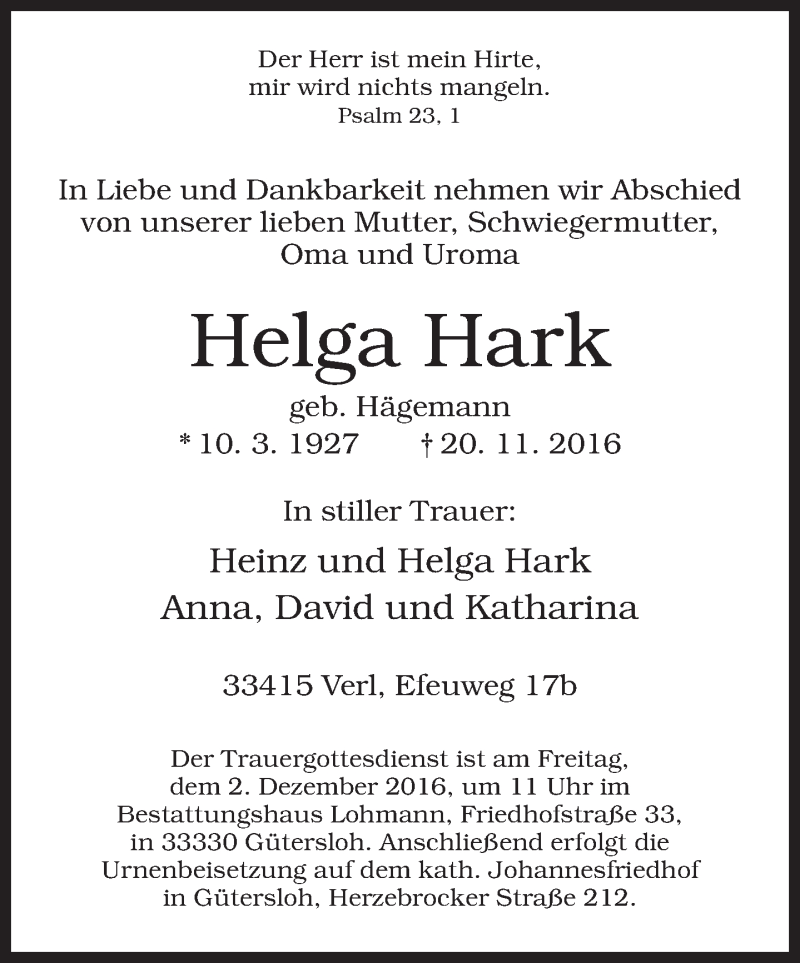  Traueranzeige für Helga Hark vom 25.11.2016 aus Neue Westfälische