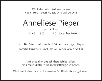 Traueranzeige von Anneliese Pieper von Neue Westfälische