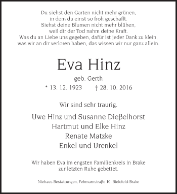 Traueranzeige von Eva Hinz von Neue Westfälische