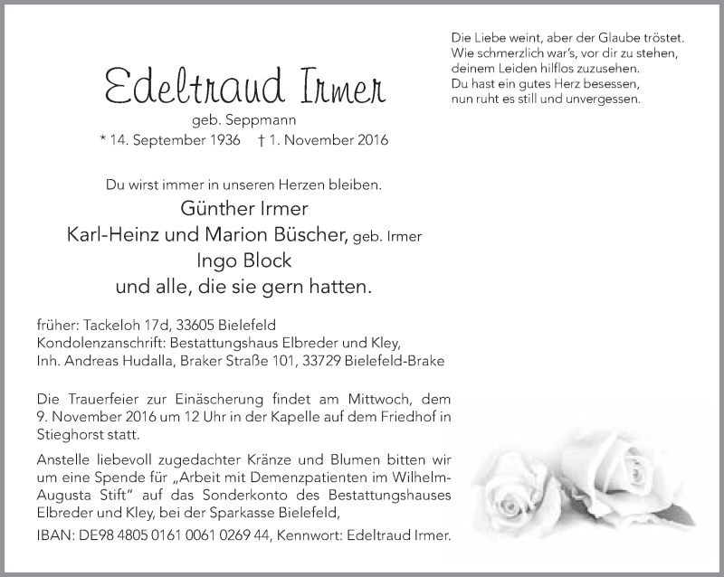  Traueranzeige für Edeltraud Irmer vom 05.11.2016 aus Neue Westfälische