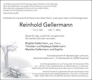 Traueranzeige von Reinhold Gellermann von Neue Westfälische