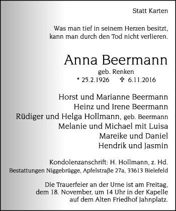 Traueranzeige von Anna Beermann von Neue Westfälische
