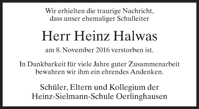  Traueranzeige für Heinz Halwas vom 22.11.2016 aus Neue Westfälische