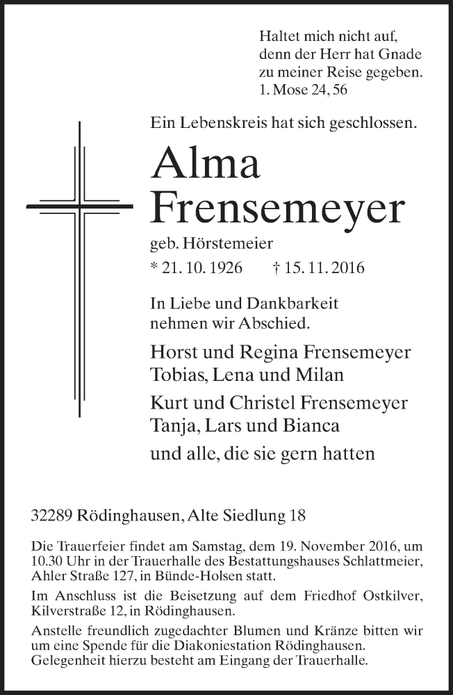  Traueranzeige für Alma Frensemeyer vom 17.11.2016 aus Neue Westfälische