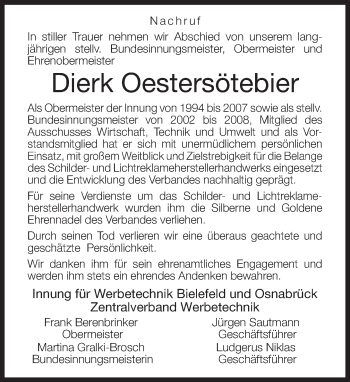 Traueranzeige von Dierk Oestersötebier von Neue Westfälische