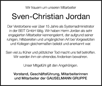 Traueranzeige von Sven-Christian Jordan von Neue Westfälische