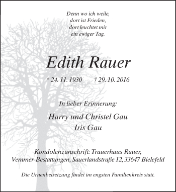 Traueranzeige von Edith Rauer von Neue Westfälische