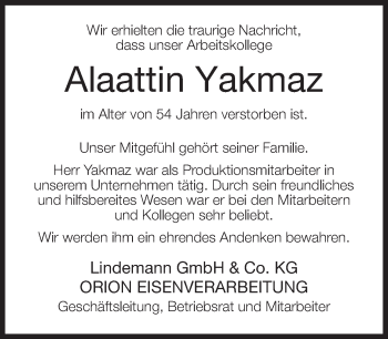 Traueranzeige von Alaattin Yakmaz von Neue Westfälische