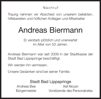 Traueranzeige von Andreas Biermann von Neue Westfälische