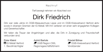 Traueranzeige von Dirk Friedrich von Neue Westfälische