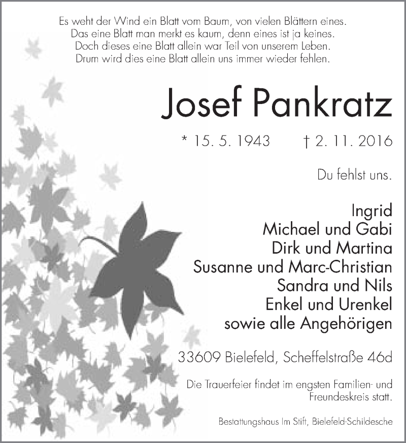  Traueranzeige für Josef Pankratz vom 05.11.2016 aus Neue Westfälische