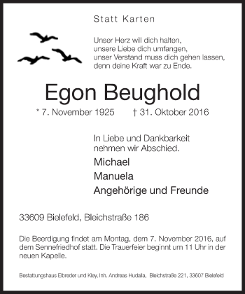 Traueranzeige von Egon Beughold von Neue Westfälische