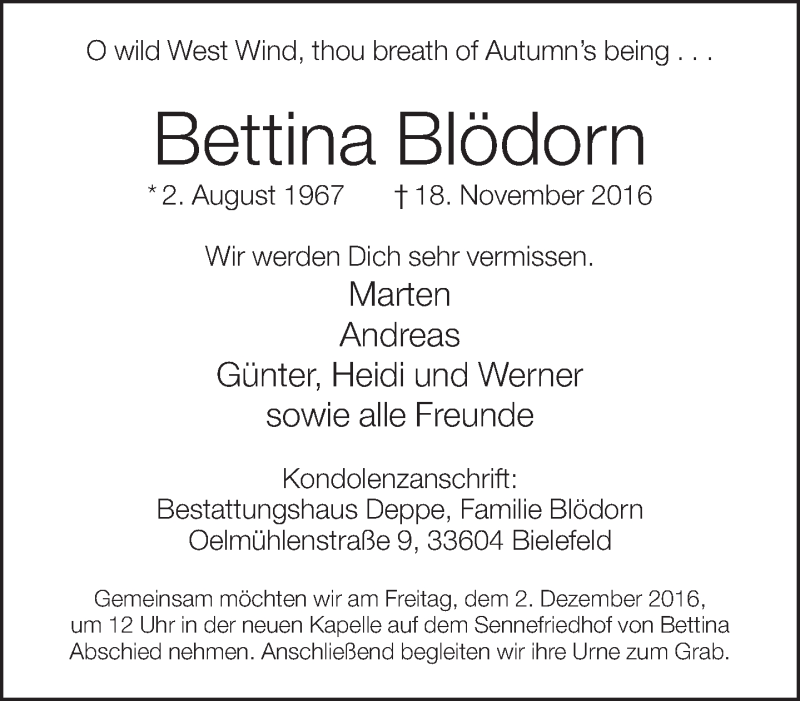  Traueranzeige für Bettina Blödorn vom 26.11.2016 aus Neue Westfälische