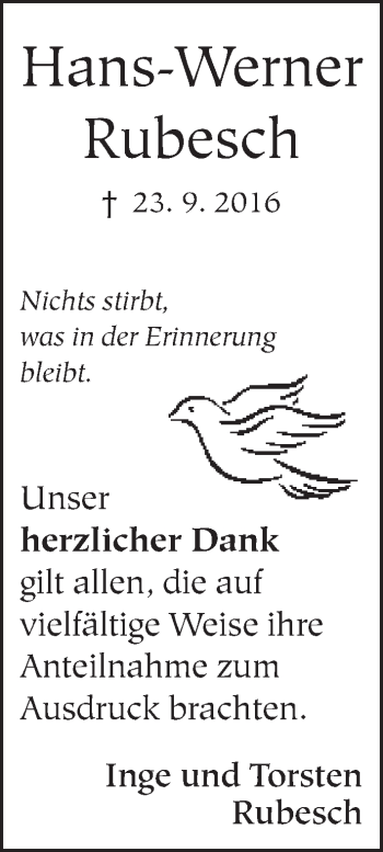 Traueranzeige von Hans-Werner Rubesch von Neue Westfälische