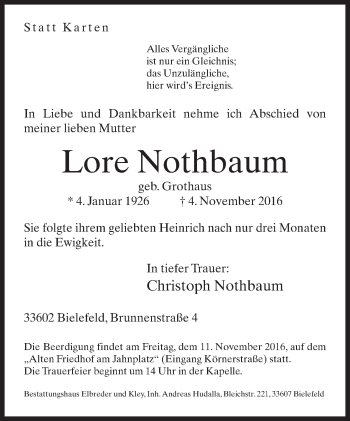 Traueranzeige von Lore Nothbaum von Neue Westfälische