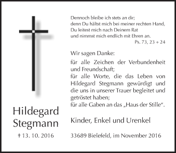 Traueranzeige von Hildegard Stegmann von Neue Westfälische
