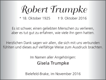 Traueranzeige von Robert Trumpke von Neue Westfälische