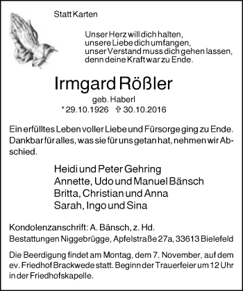 Traueranzeige von Irmgard Rößler von Neue Westfälische