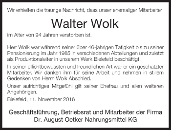 Traueranzeige von Walter Wolk von Neue Westfälische