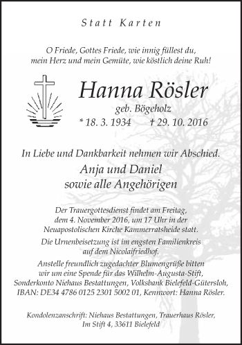 Traueranzeige von Hanna Rösler von Neue Westfälische