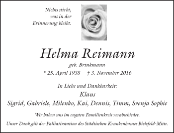 Traueranzeige von Helma Reimann von Neue Westfälische