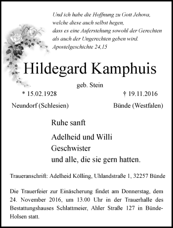 Traueranzeige von Hildegard Kamphuis von Neue Westfälische