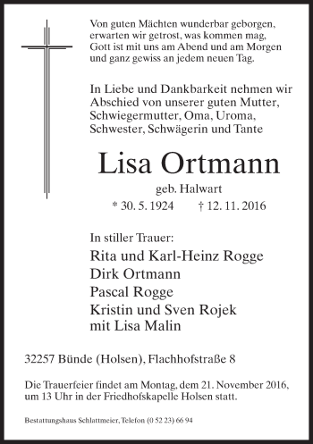 Traueranzeige von Lisa Ortmann von Neue Westfälische